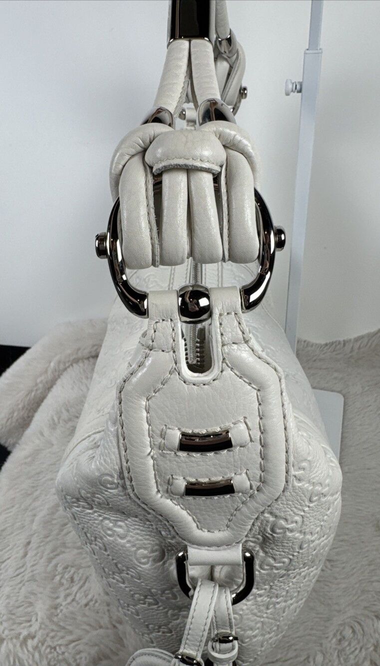GUCCI GG SHW Techro Horsebit Medium Hobo Hand Bag 240216 Calfskin Leather White - Picture 7 of 16